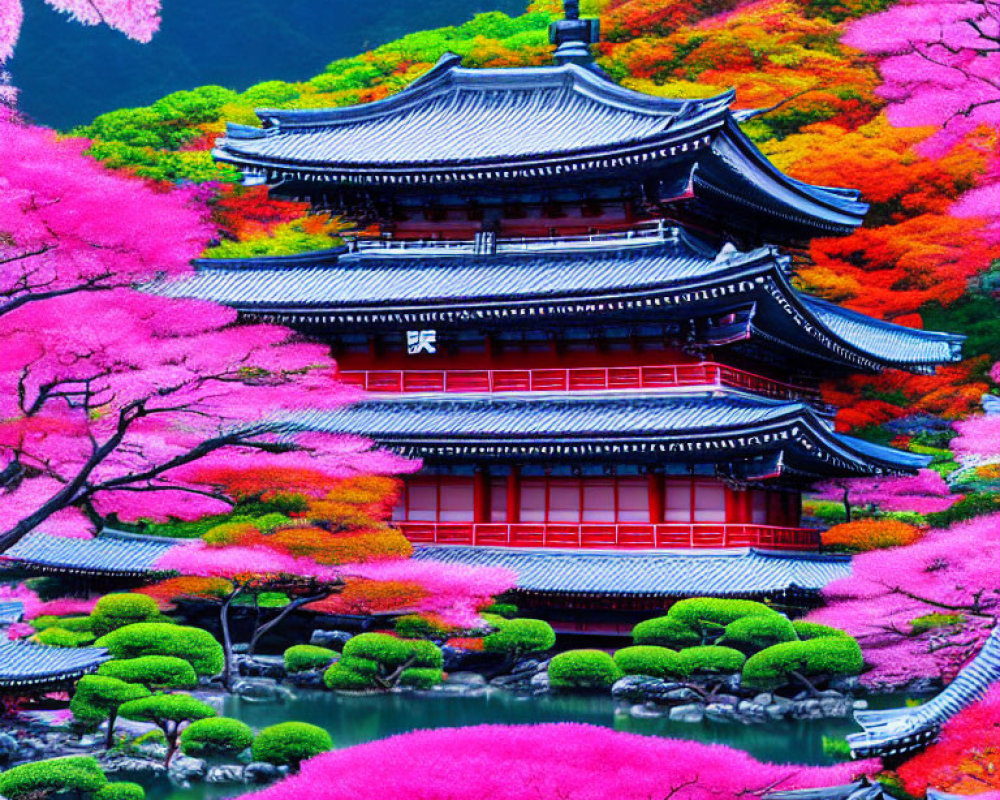 Traditional Asian Pagoda Surrounded by Pink and Red Foliage and Pond