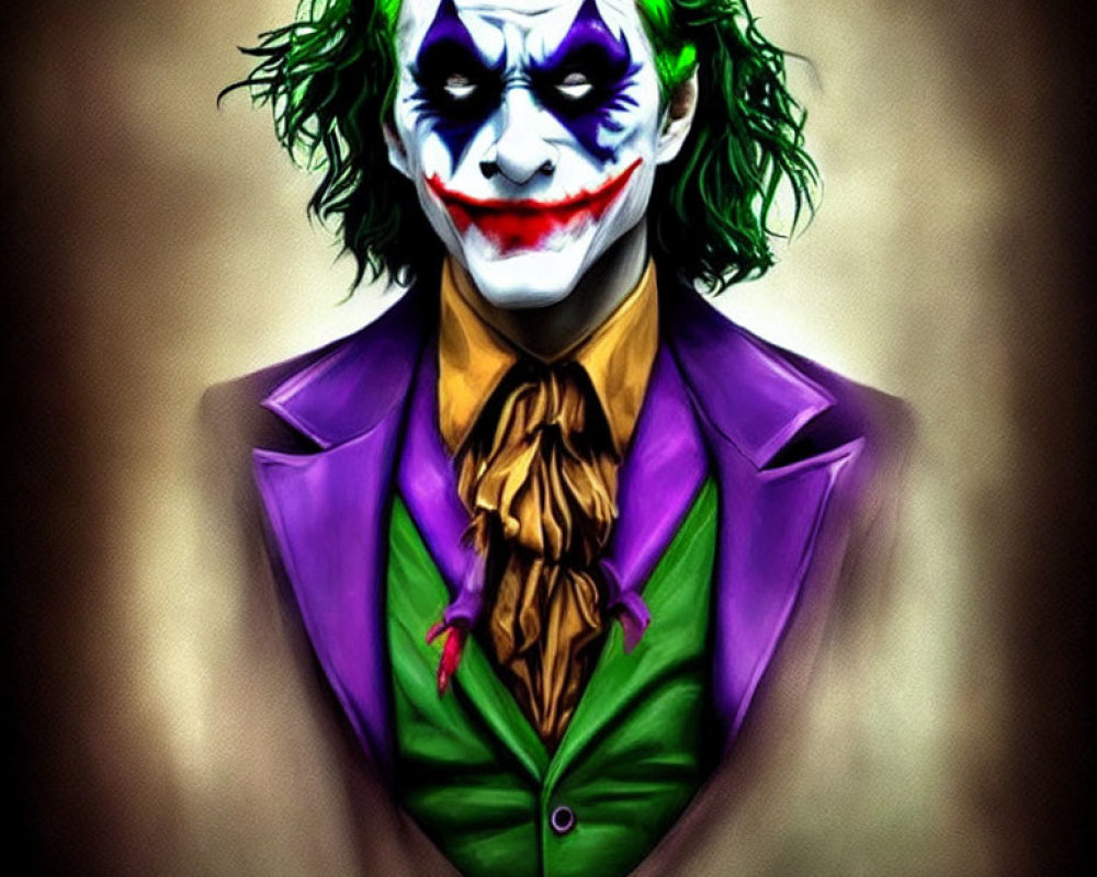 Stylized artistic depiction of a Joker character in green, white, red, purple, and brown