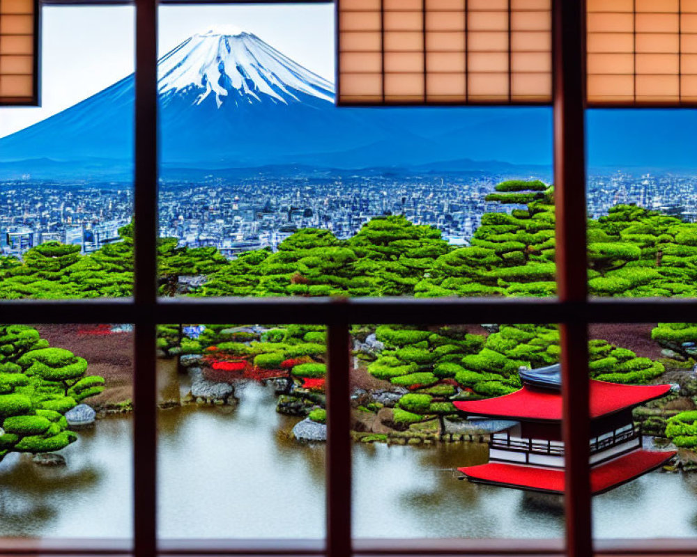 Traditional Japanese window overlooking serene garden with red pagoda, topiary trees, and Mt. Fuji