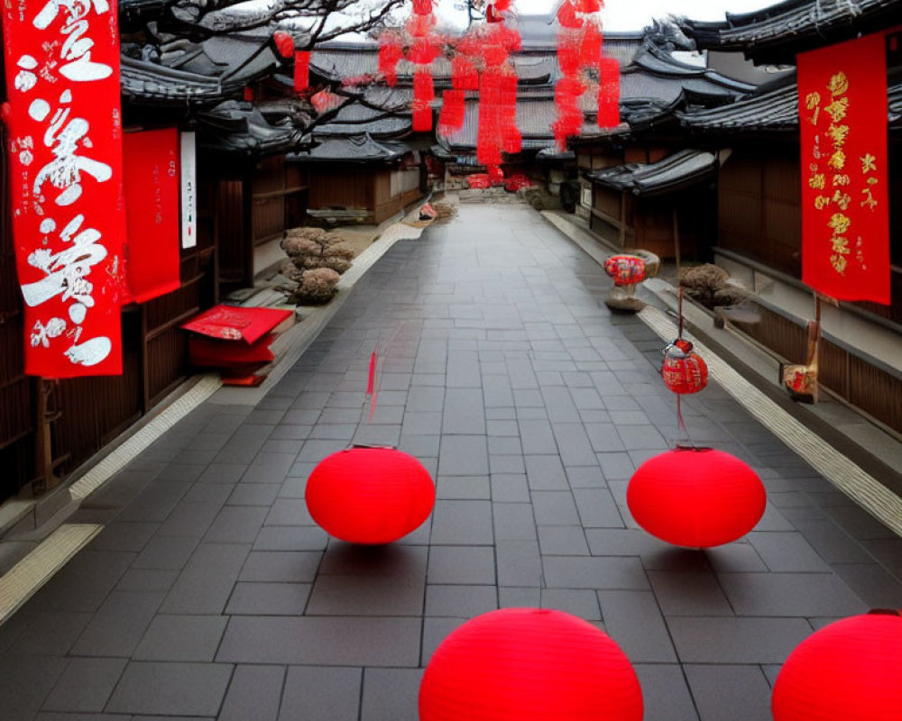 Traditional Asian Street Decorated with Red Lanterns and Chinese Banners