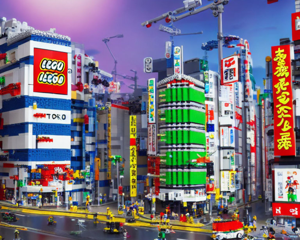 Colorful Lego cityscape with Asian urban theme at dusk