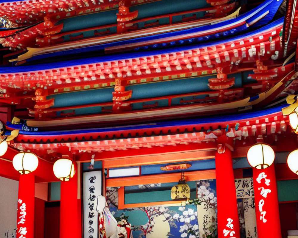 Traditional Japanese Structure with Red and Blue Colors, Lanterns, Calligraphy, and Layered Roof