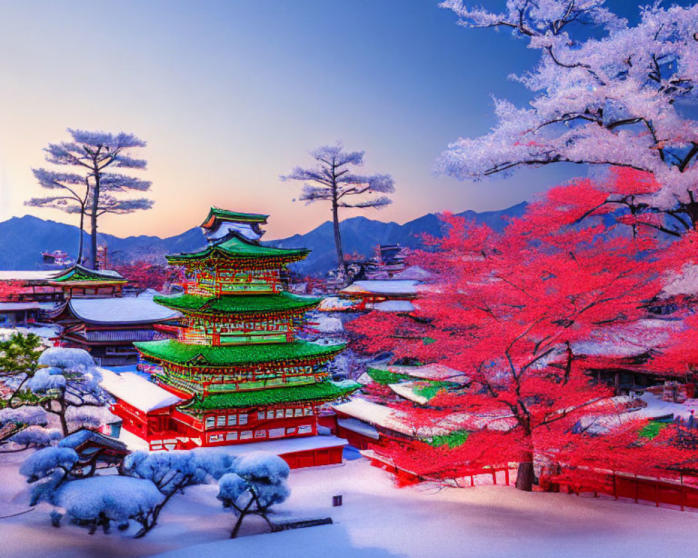 Traditional pagoda in snow-covered winter landscape with pink foliage trees