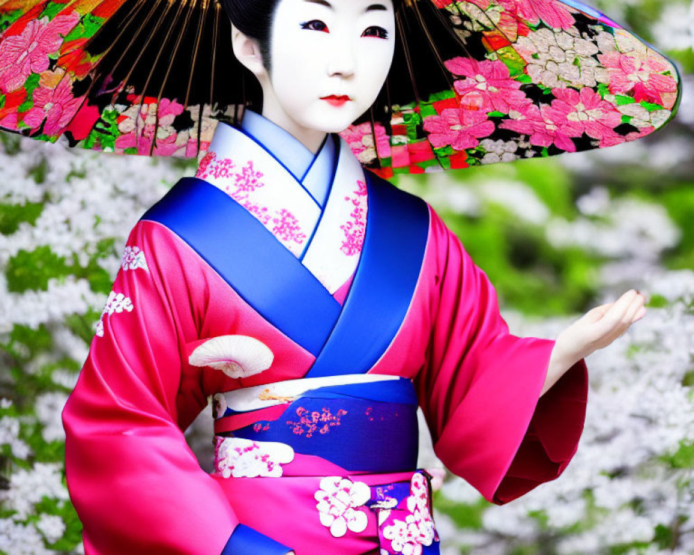 Geisha in Vibrant Pink and Blue Kimono with Floral Umbrella