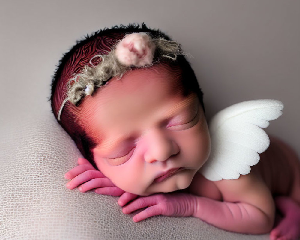 Newborn baby with angel wings and headband sleeping peacefully