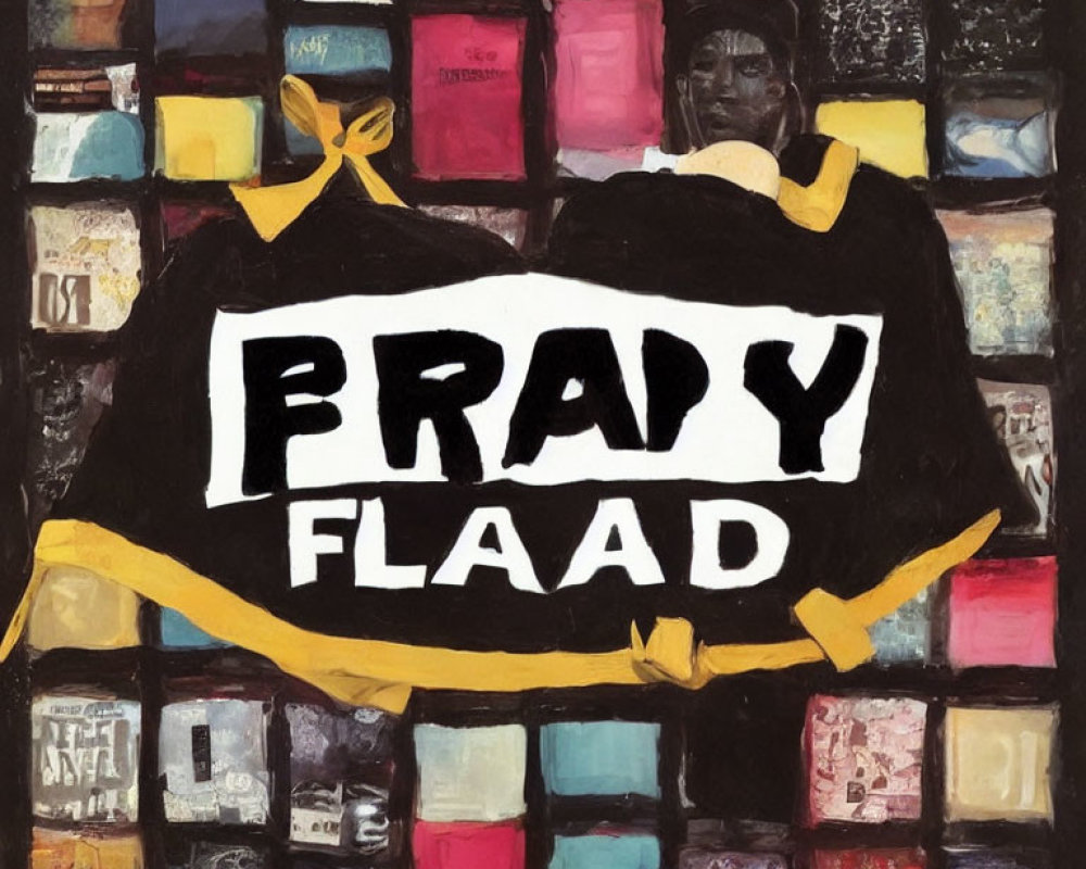 Abstract album cover with central figure in black robe and "PRAY" and "FLAAD" surrounded