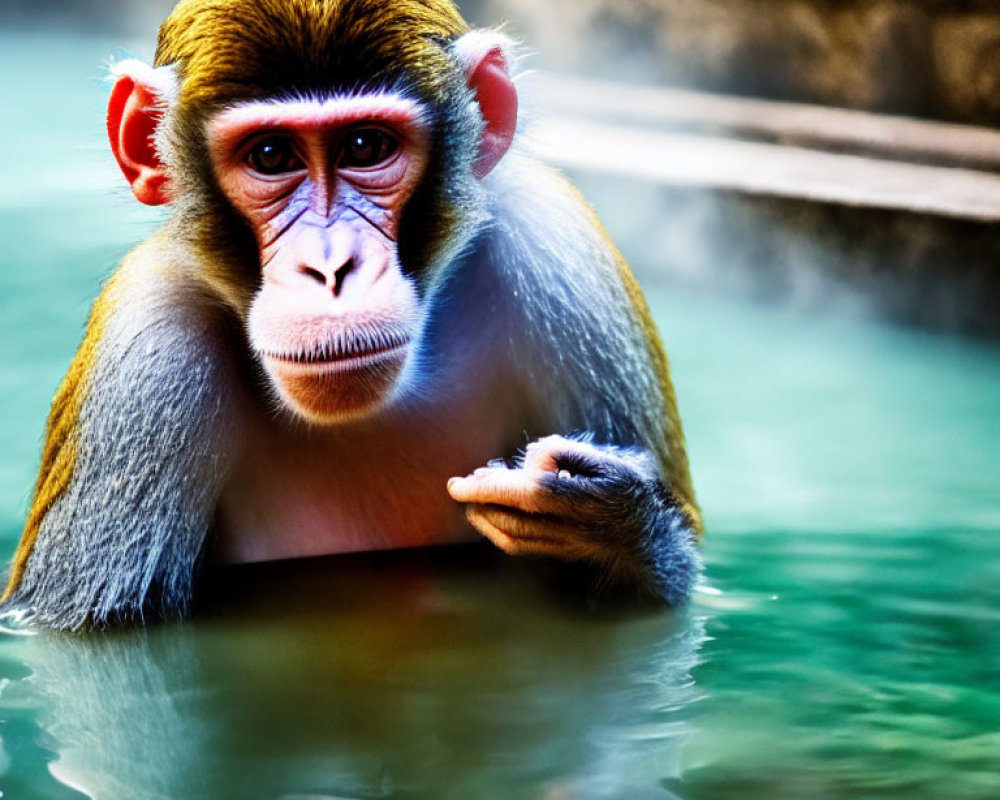 Young Macaque with Pensive Expression Beside Green Water