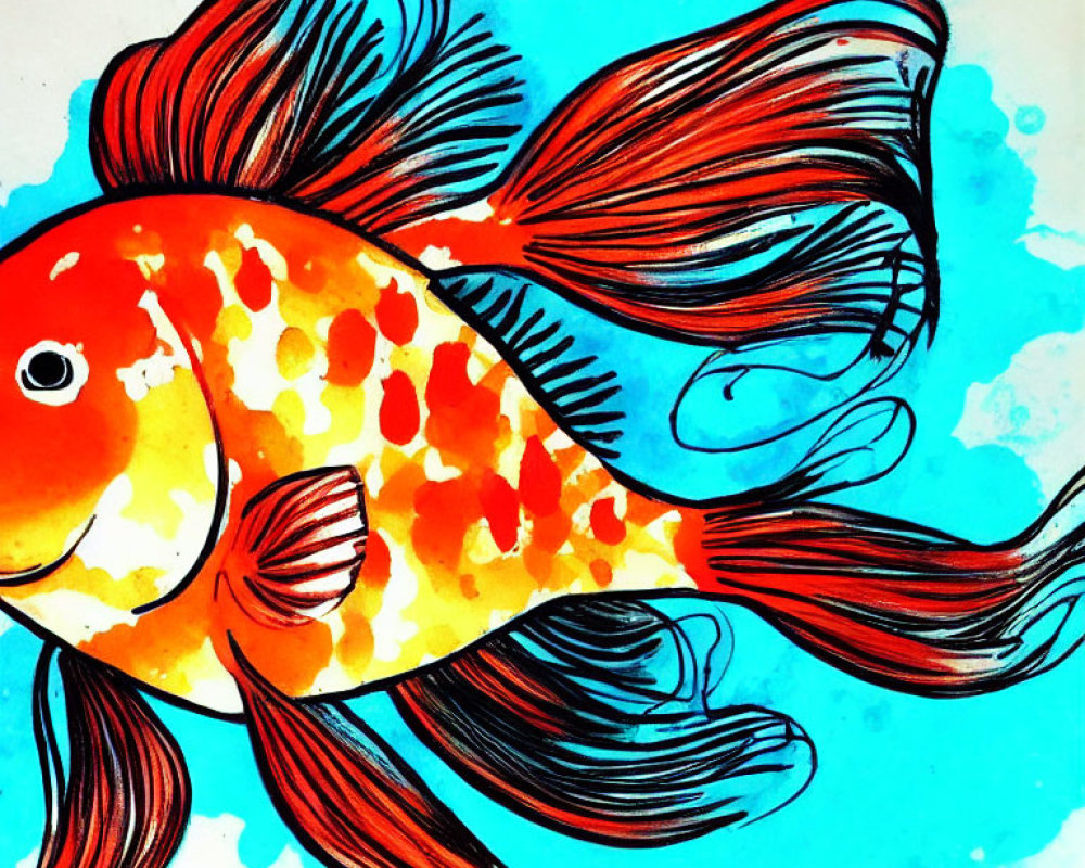 Colorful goldfish illustration with flowing fins on turquoise background