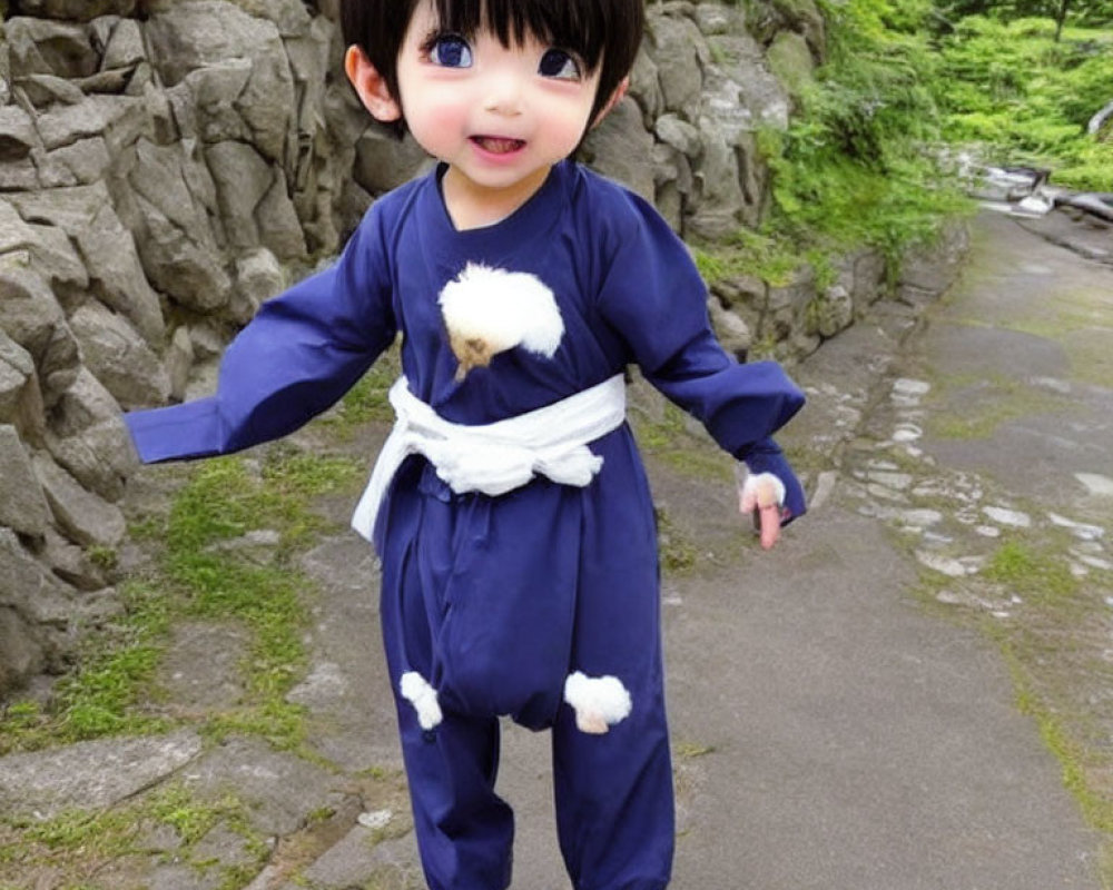 Child in traditional blue outfit with oversized eyes on path with greenery