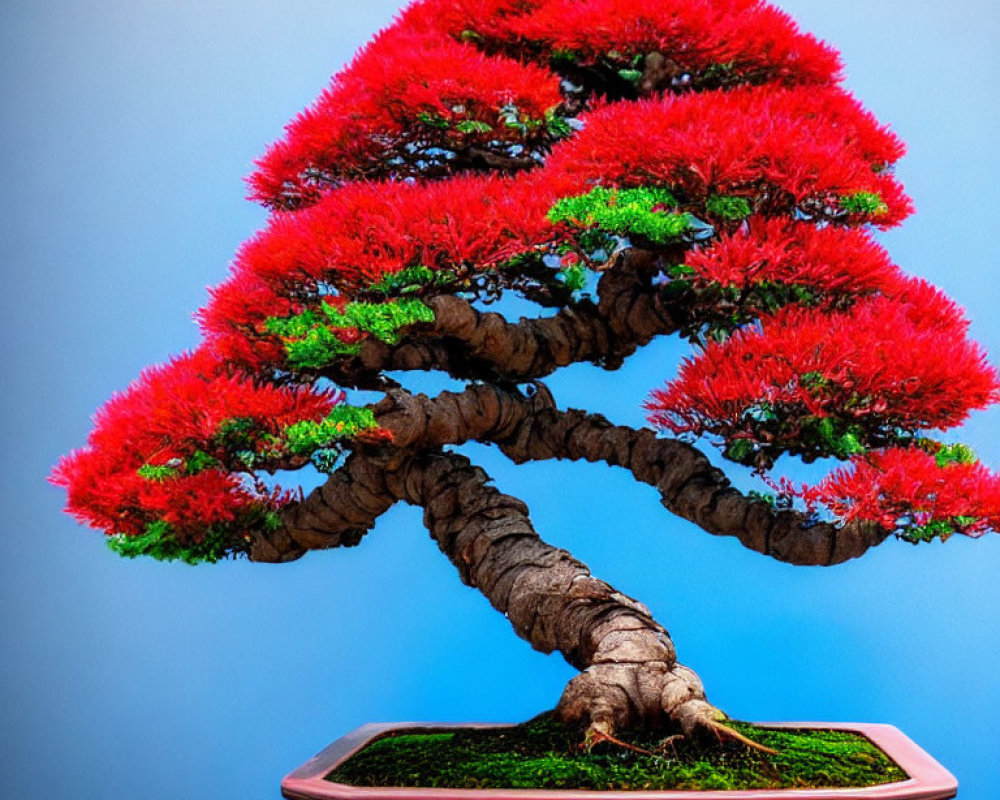 Colorful Bonsai Tree with Red Foliage in Brown Pot