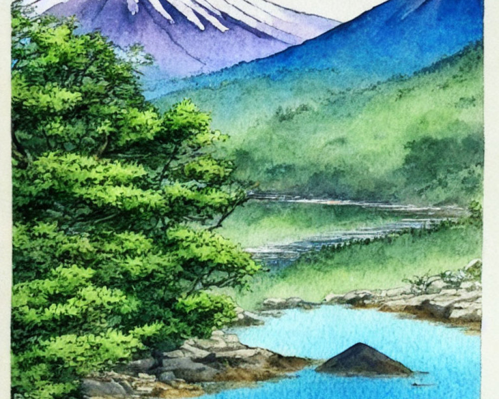 Serene landscape watercolor painting with Mount Fuji, lush greenery, and calm lake