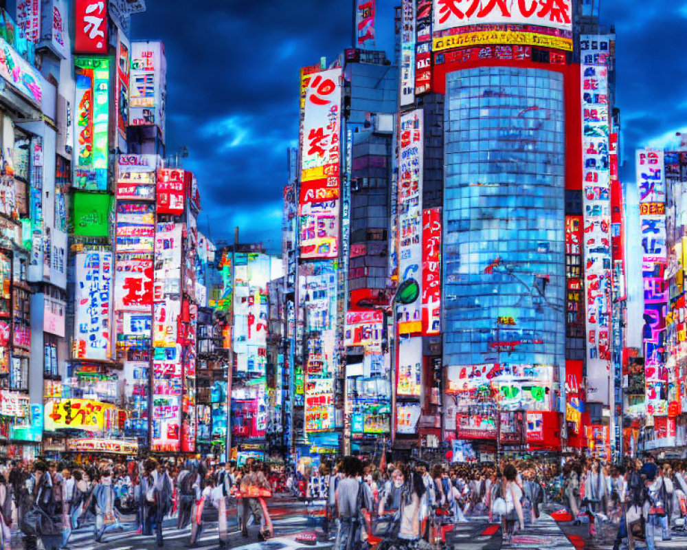 Vibrant neon signs and billboards in a crowded city intersection