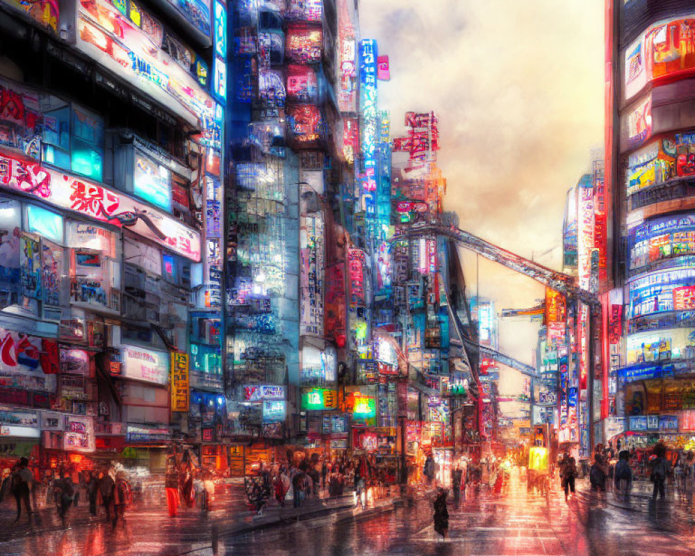 Busy urban street with neon signs under dusk sky