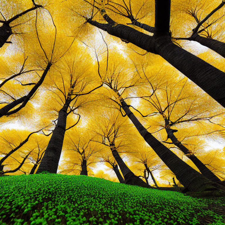 Tall Trees with Yellow Leaf Canopy in Forest Landscape