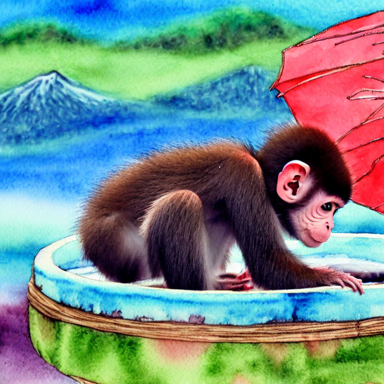 Young monkey on colorful pool ring against whimsical backdrop