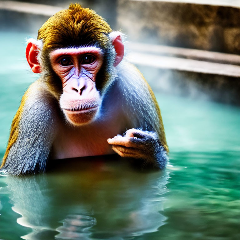 Young Macaque with Pensive Expression Beside Green Water