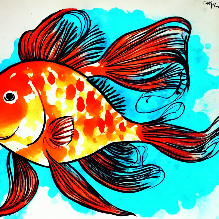 Colorful goldfish illustration with flowing fins on turquoise background