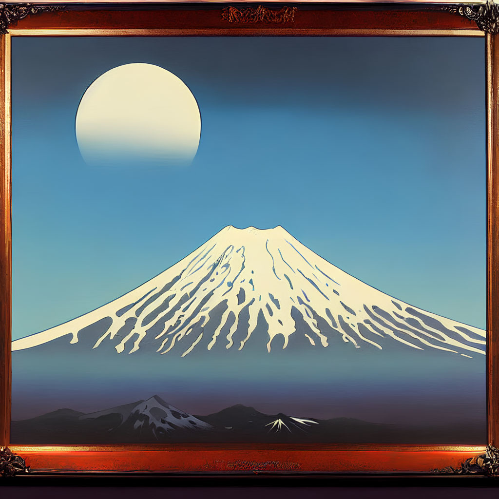 Stylized painting of snow-covered Mount Fuji under pale moon