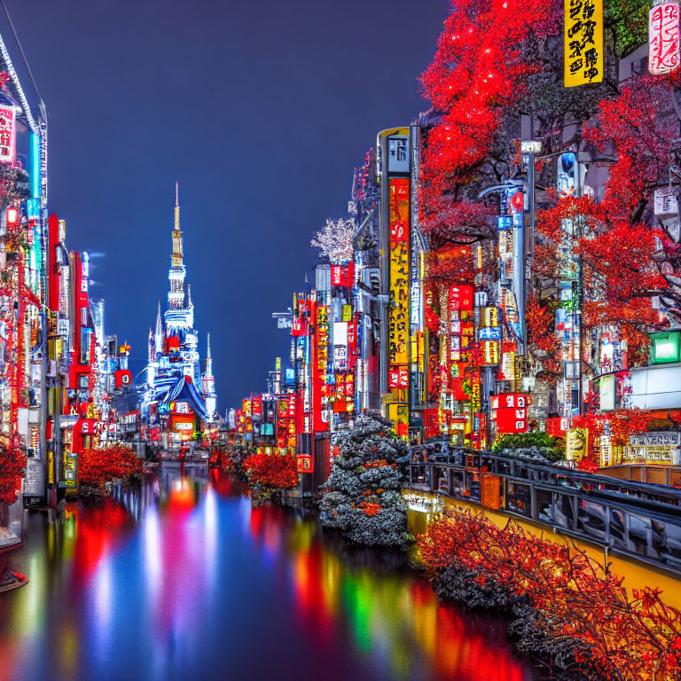 City night scene with neon signs, illuminated buildings, calm river, and red foliage trees