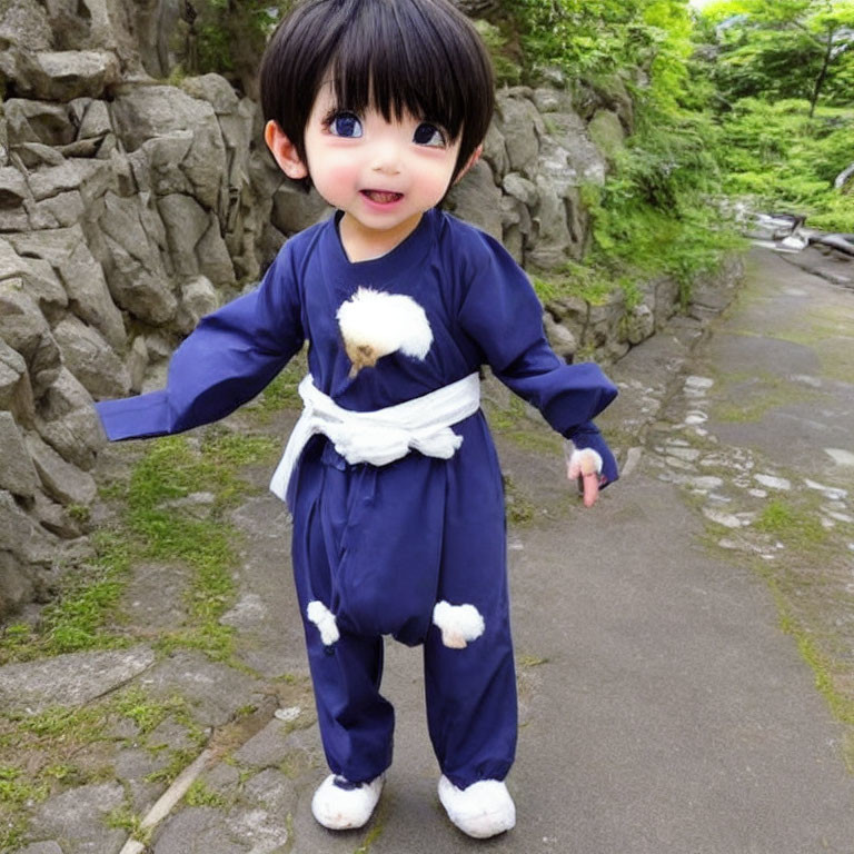 Child in traditional blue outfit with oversized eyes on path with greenery