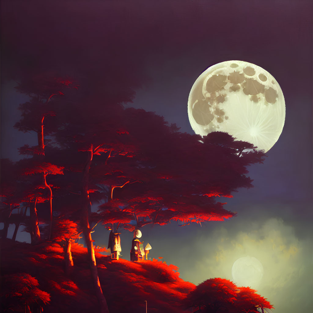 Individuals with lanterns under full moon in mystical crimson forest.