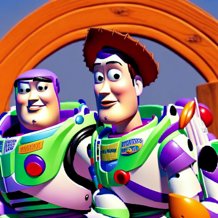 Smiling space-themed toy characters on orange background