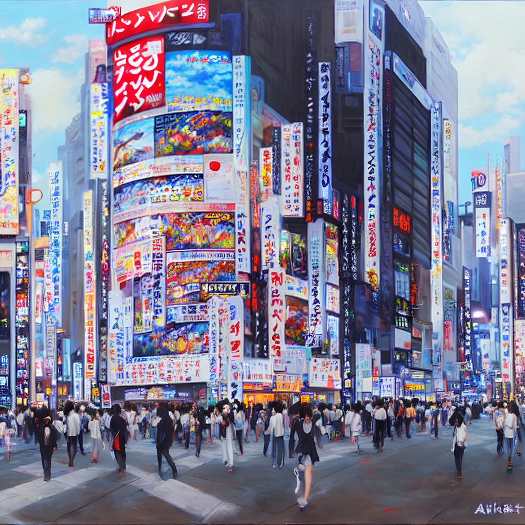 Bustling city street in Japan with neon signs & crowd