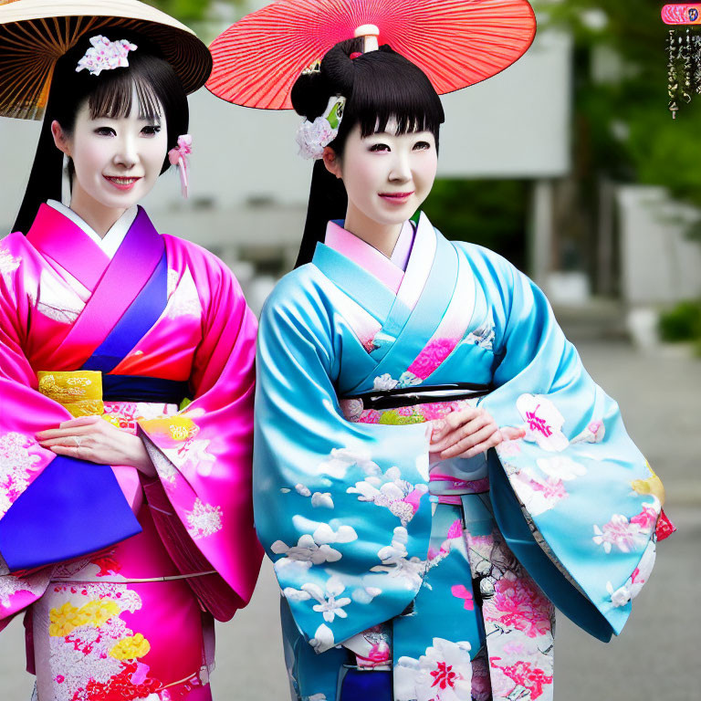 Colorful Kimono Outfits with Floral Patterns and Red Parasol