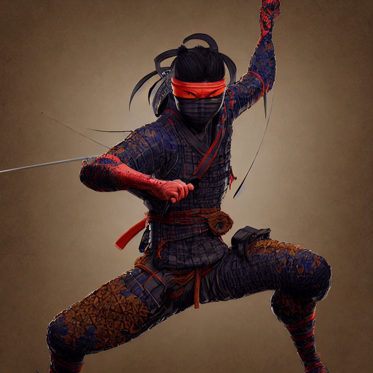 Ninja character in red headband wields ninjato sword and kunai.