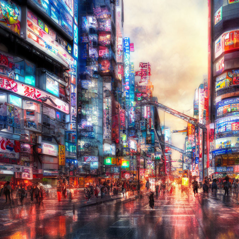 Busy urban street with neon signs under dusk sky