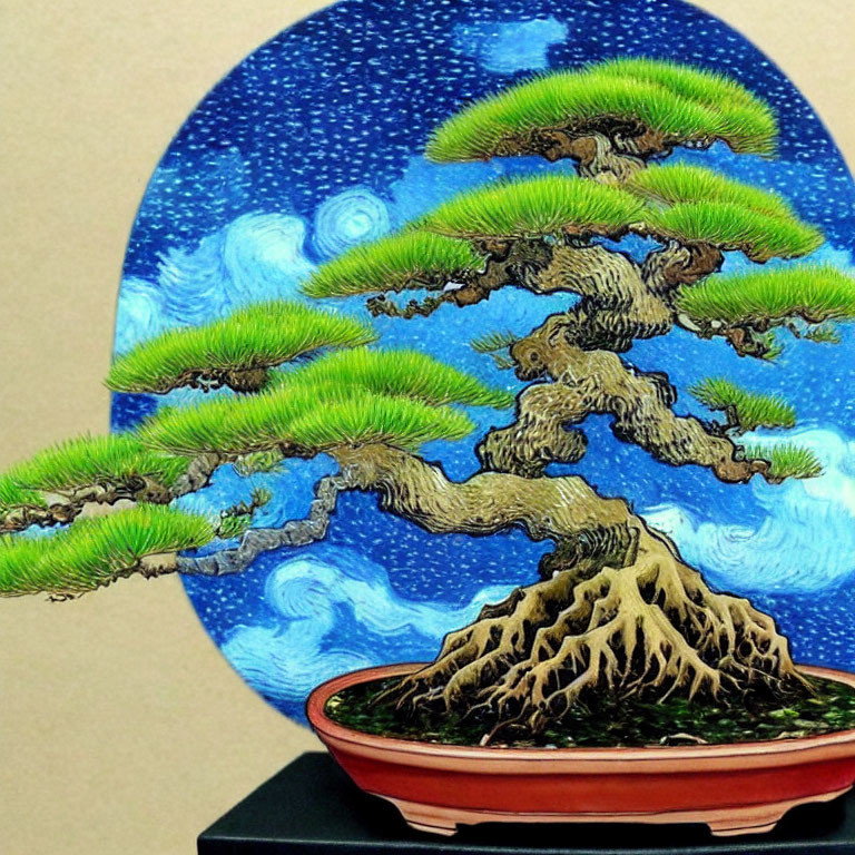 Vibrant bonsai tree against starry night sky with swirling clouds