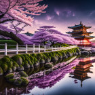 Cherry Blossom Pond with Red Pagoda and Purple Sky