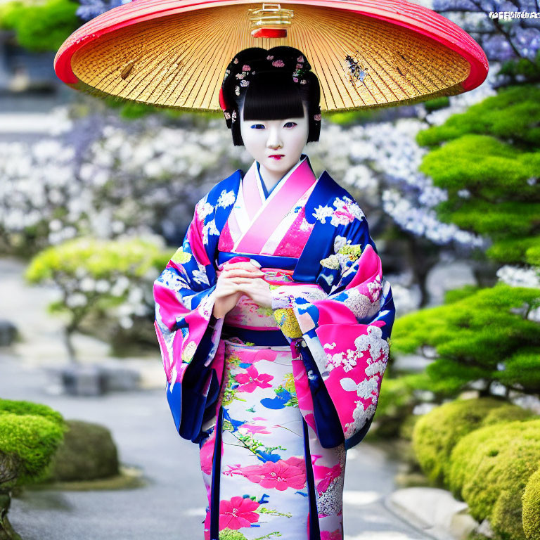 Woman in vibrant kimono with red parasol in Japanese garden