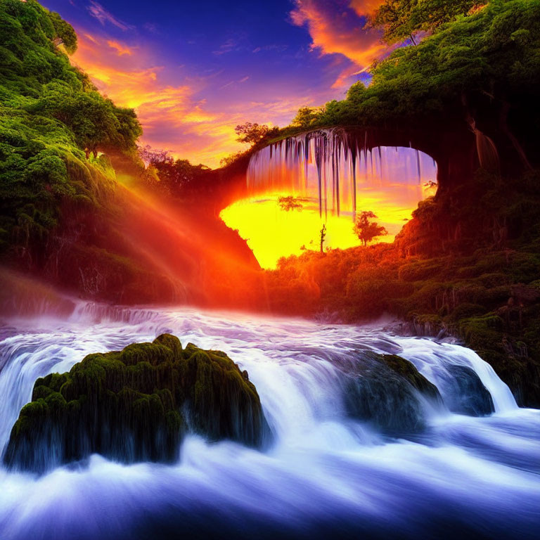 Scenic sunset at waterfall with lush greenery and fiery sky