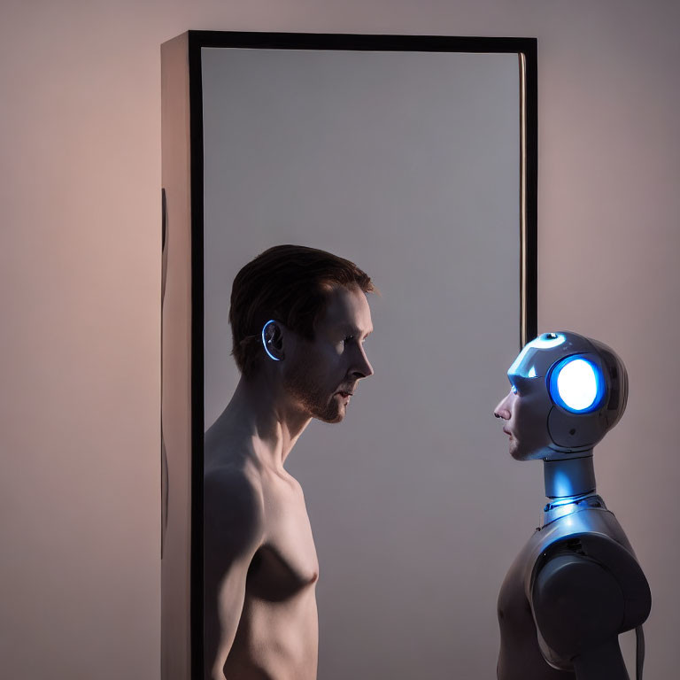 Shirtless man and humanoid robot mirror profiles in contrast