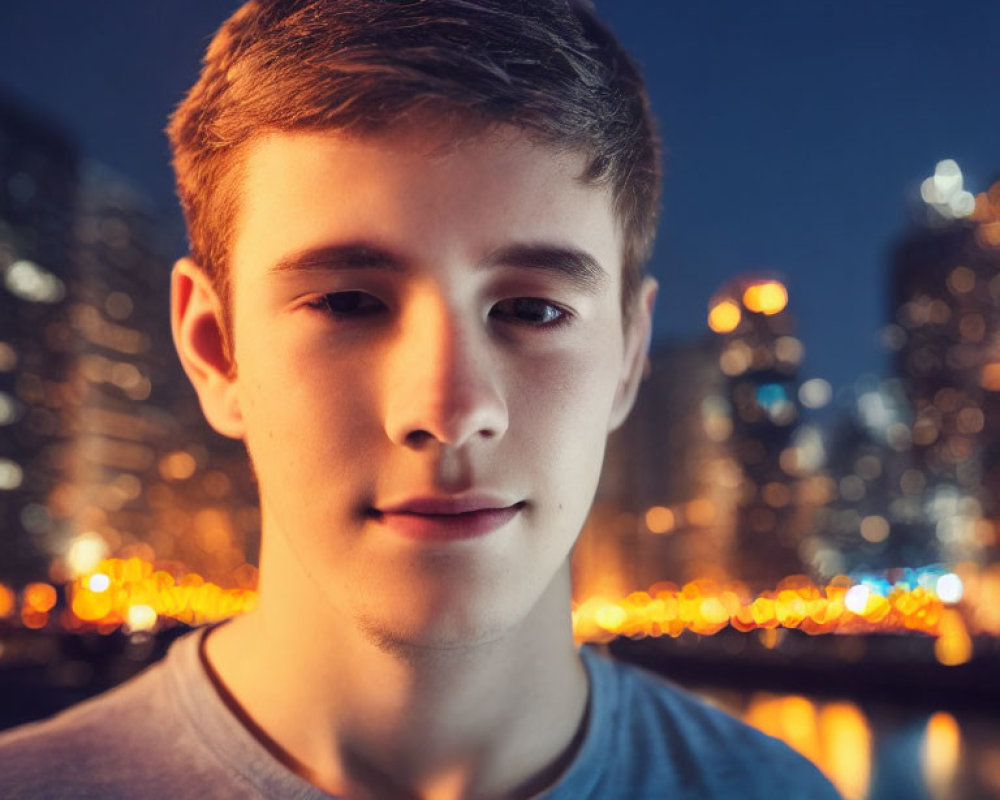 Young man smiling outdoors at night with blurred city lights