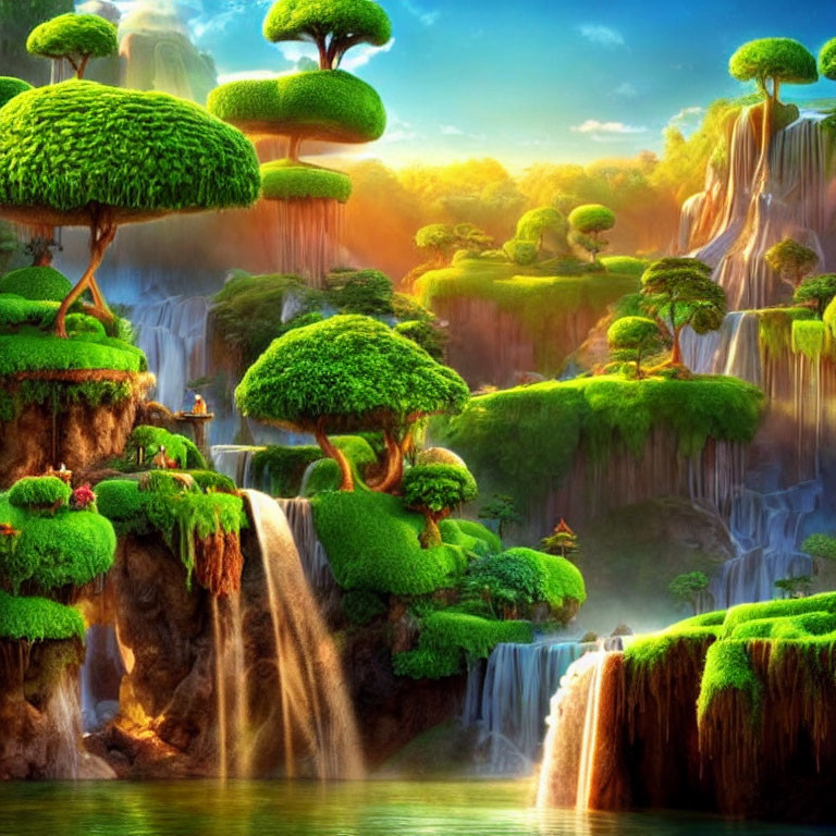 Fantastical landscape with floating islands and waterfalls