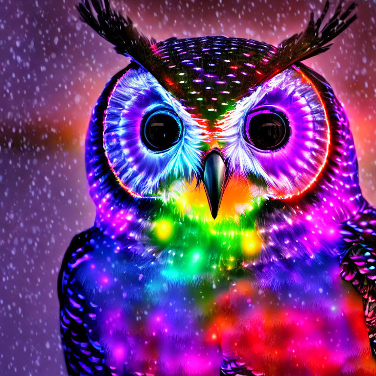 Colorful Neon Owl Artwork with Snow Background