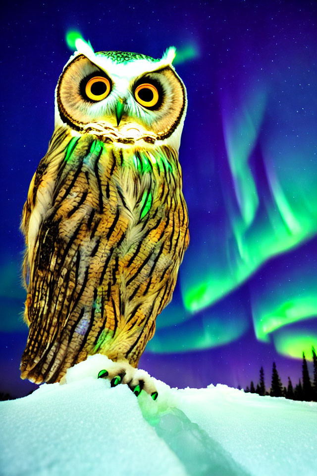 Colorful owl on snow under Northern Lights & starry sky