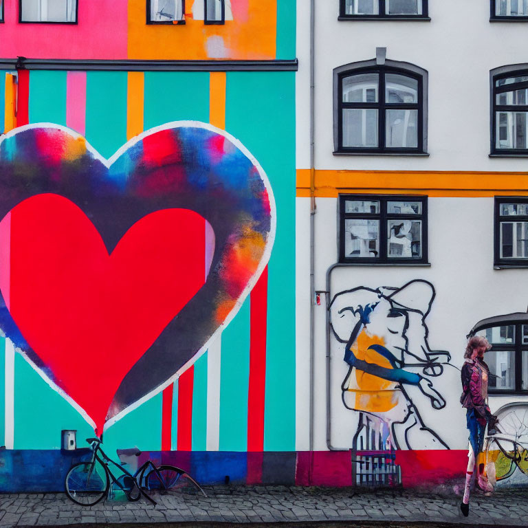 Colorful street art mural featuring large red heart and stripes, person and bike passing by