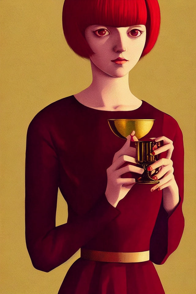 Illustrated Woman with Red Bob Haircut Holding Golden Chalice in Red Dress