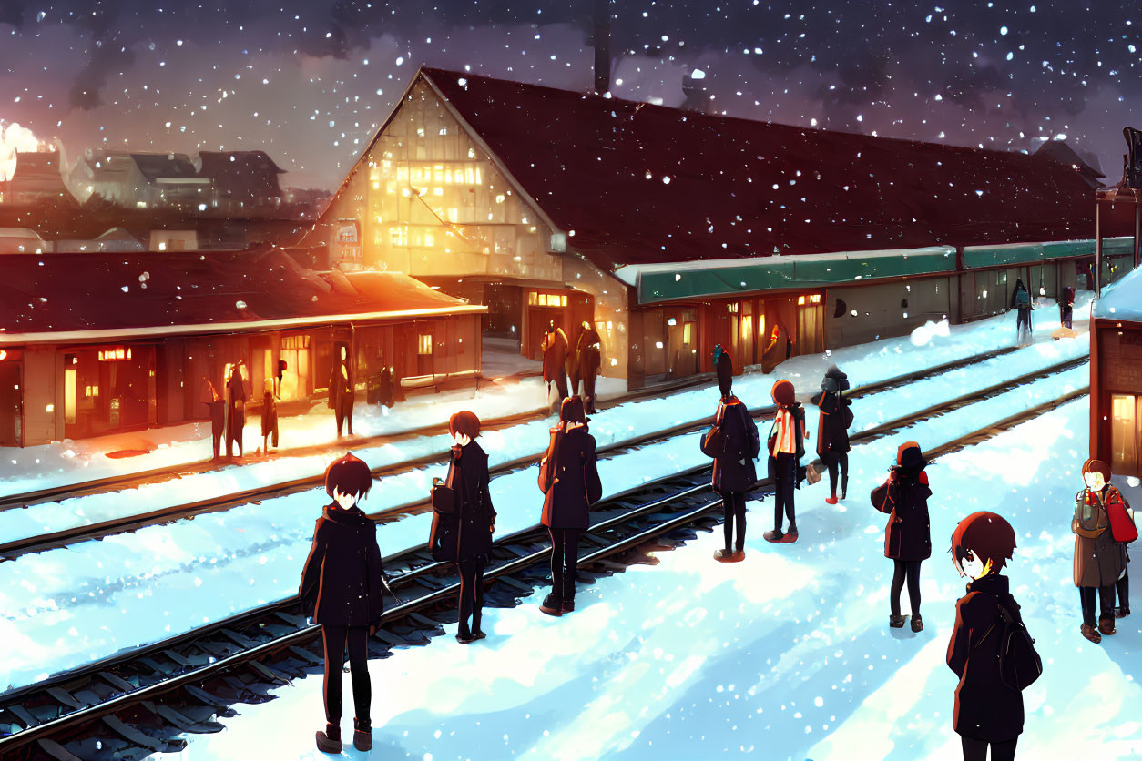 Snowy train platform at dusk with people waiting and falling snowflakes.