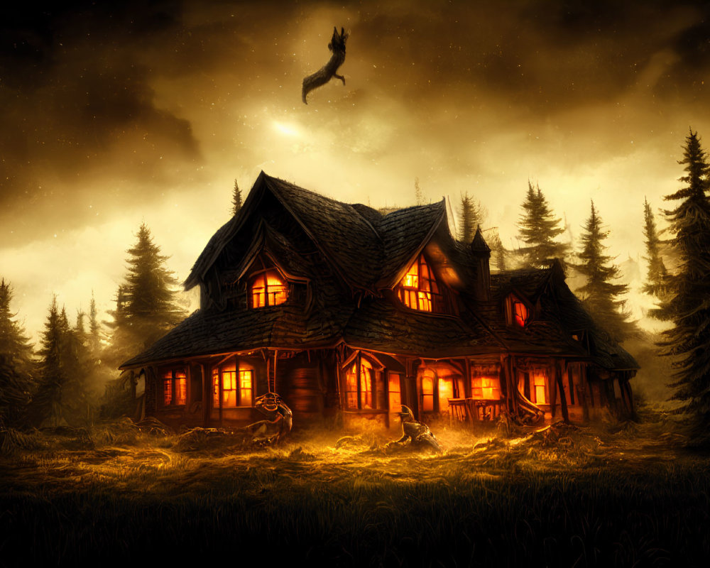 Eerie cabin in dark forest with eagle under foreboding sky