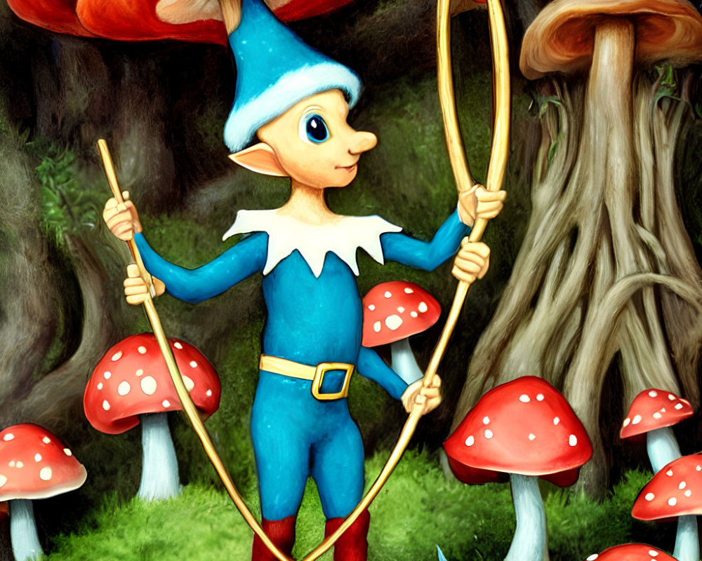 Illustrated elf with bow in blue outfit in enchanted forest with red-capped mushrooms