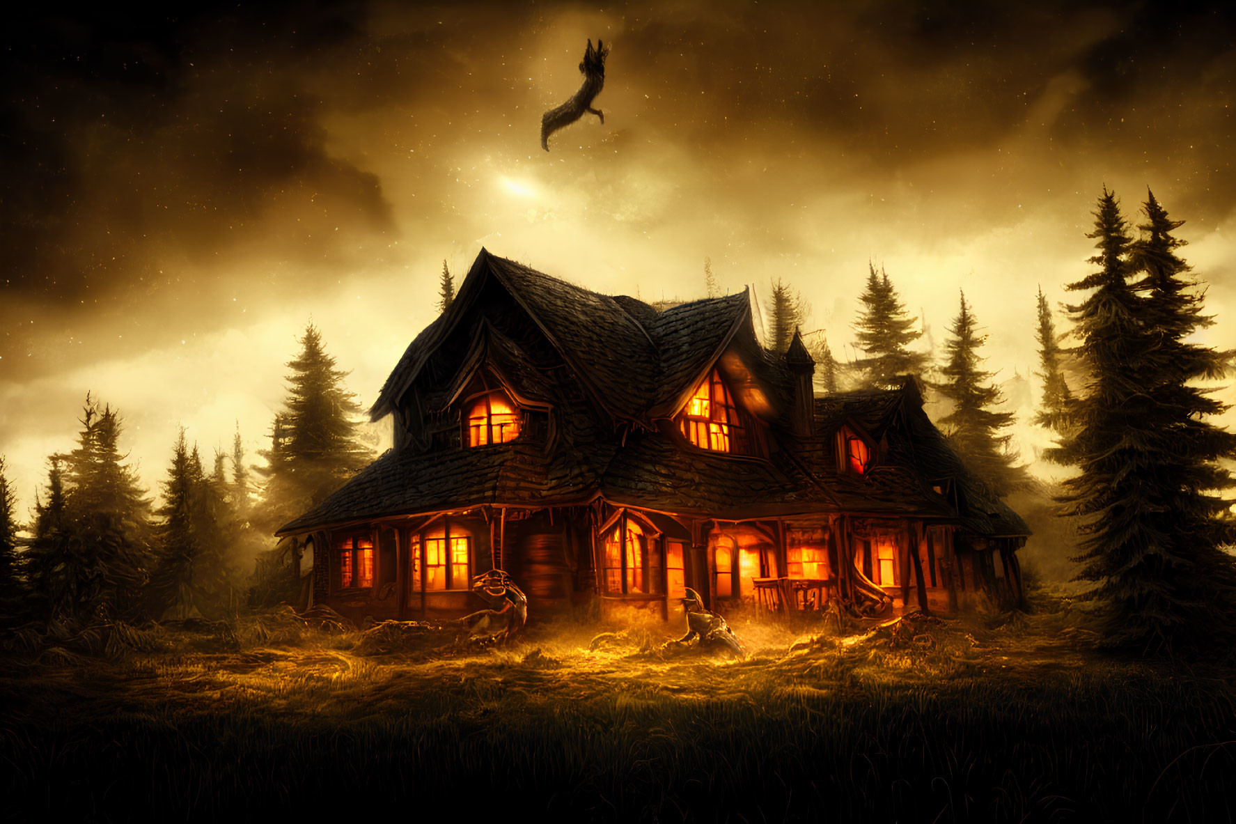 Eerie cabin in dark forest with eagle under foreboding sky