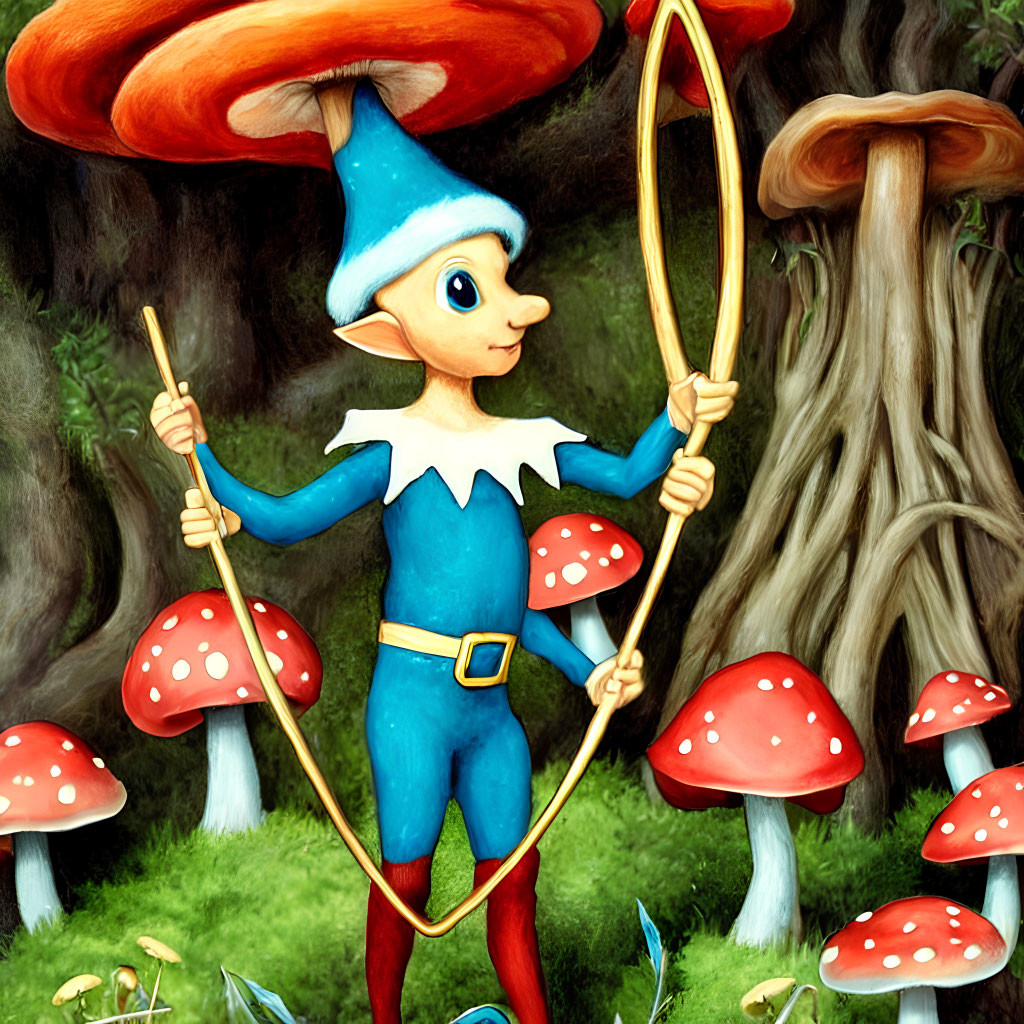 Illustrated elf with bow in blue outfit in enchanted forest with red-capped mushrooms