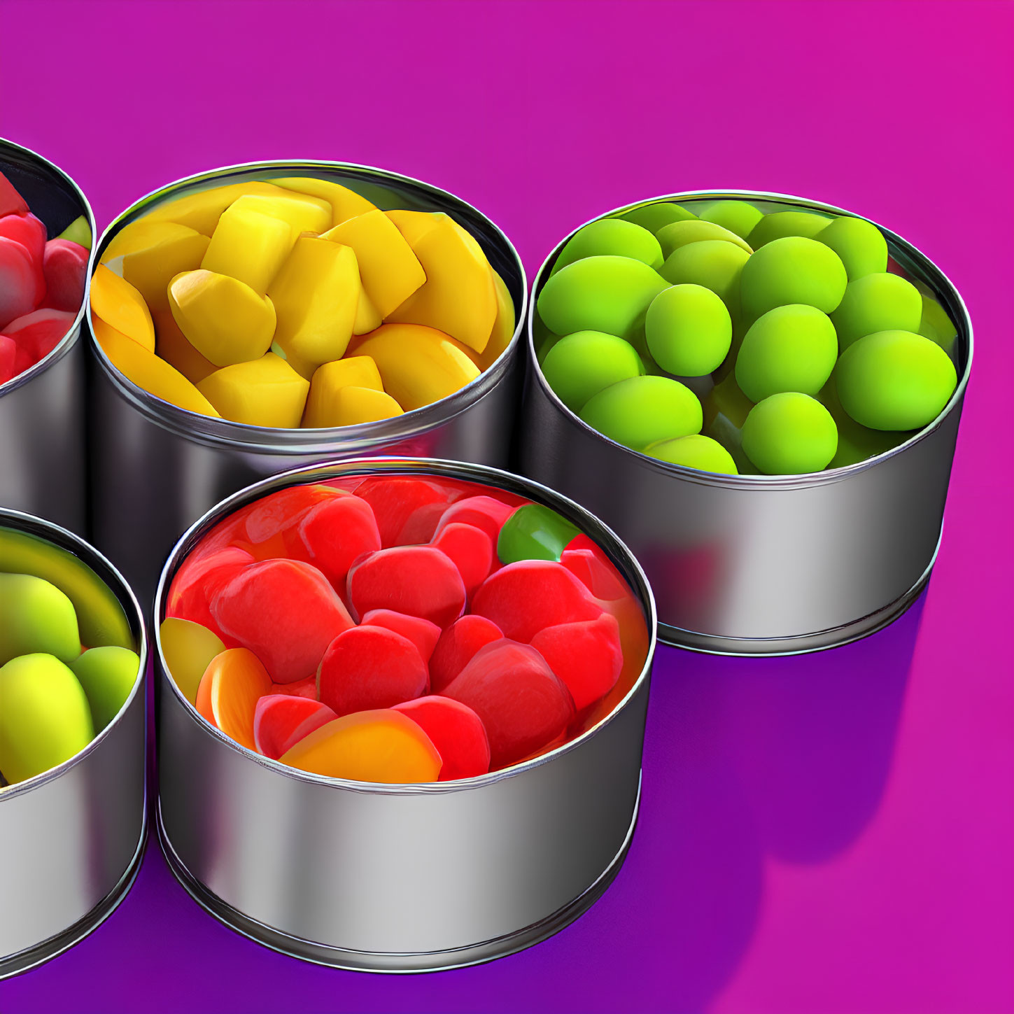 Colorful Candies in Open Tin Cans on Pink Background