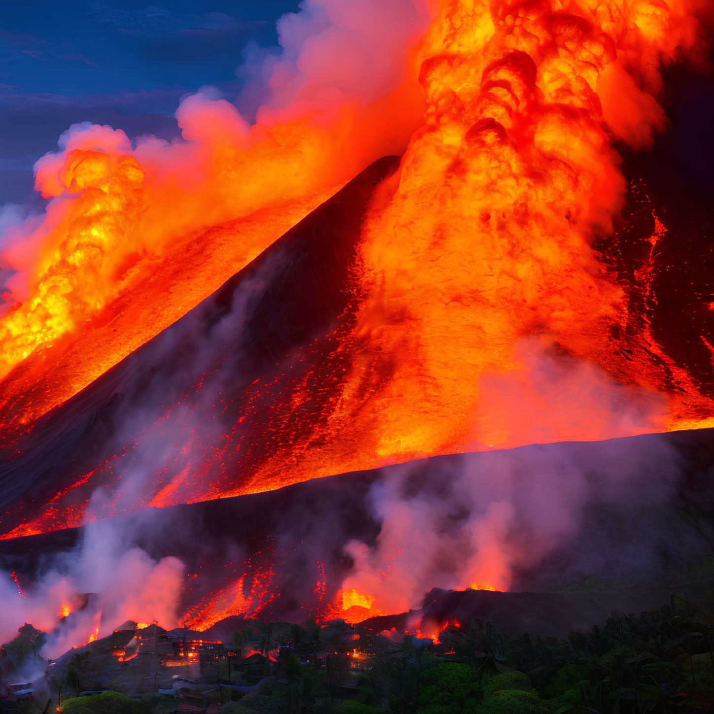 Volcano eruption with flowing lava and ash plumes near village at twilight