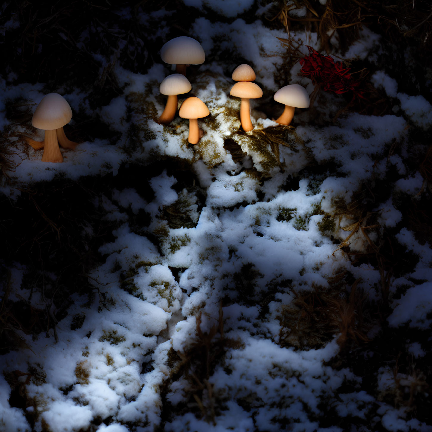 Snowy forest floor mushrooms bathed in sunlight shaft