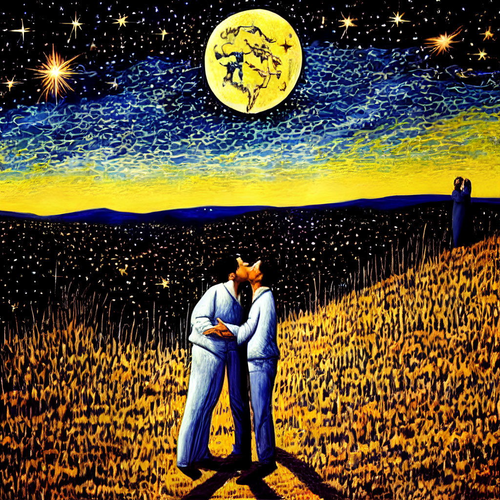 Romantic couple under starry sky with yellow moon, wheat field, lone figure